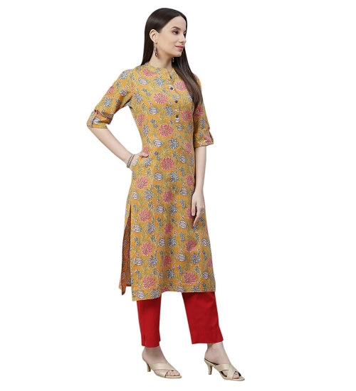 Generic Women's Cotton Printed Straight Kurti (Mustard, Cotton)