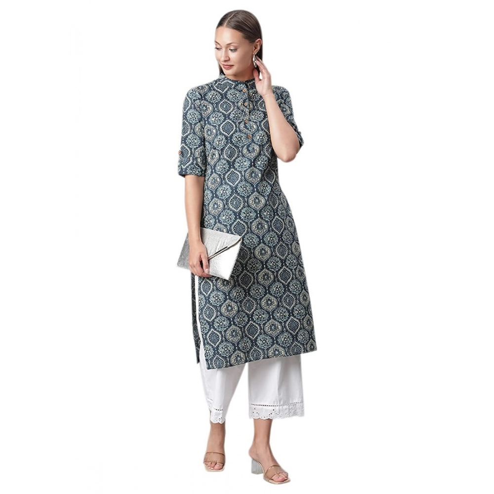 Generic Women's Cotton Printed Straight Kurti (Blue, Cotton)