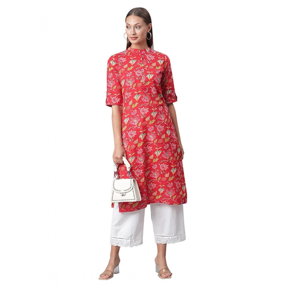 Generic Women's Cotton Printed Straight Kurti (Red, Cotton)
