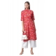 Generic Women's Cotton Printed Straight Kurti (Red, Cotton)