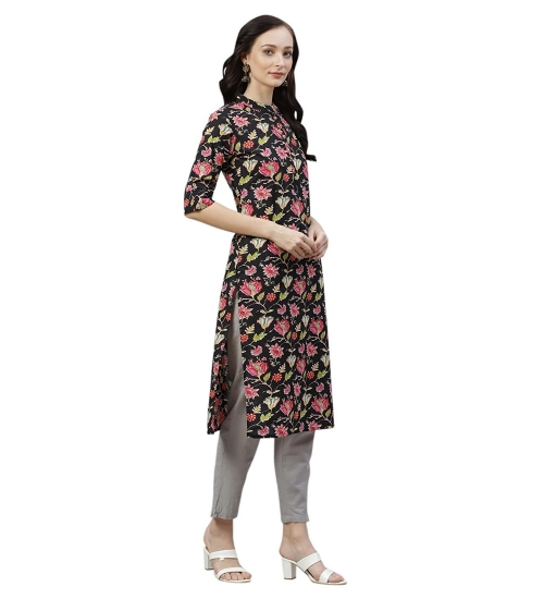 Generic Women's Cotton Printed Straight Kurti (Black, Cotton)