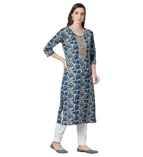 Generic Women's Cotton Printed Straight Kurti (Blue, Cotton)