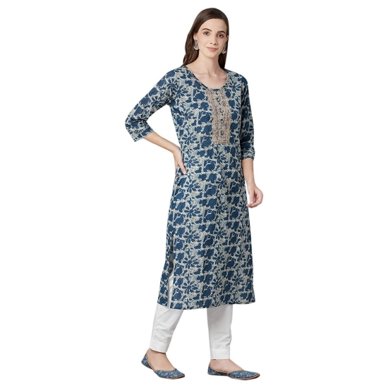 Generic Women's Cotton Printed Straight Kurti (Blue, Cotton)