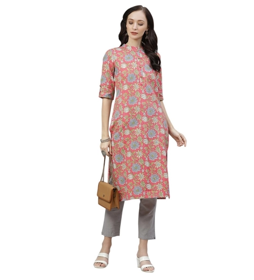 Generic Women's Cotton Printed Straight Kurti (Pink, Cotton)