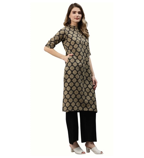 Generic Women's Cotton Printed Straight Fit Kurti (Black, Cotton)