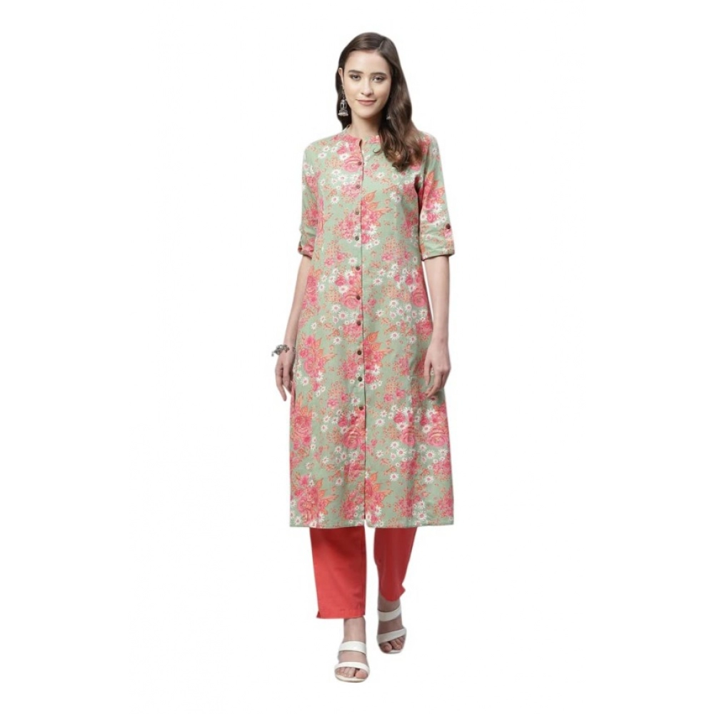 Generic Women's Cotton Printed Flex Kurti (Mint Green, Cotton)