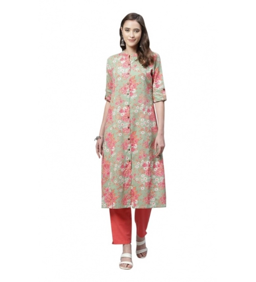 Generic Women's Cotton Printed Flex Kurti (Mint Green, Cotton)