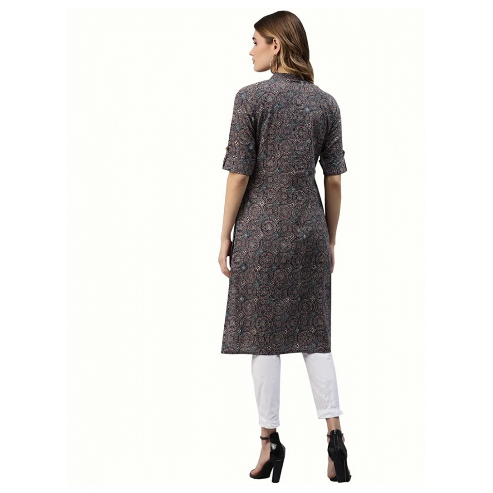 Generic Women's Cotton Printed Straight Kurti (Dark Blue, Cotton)