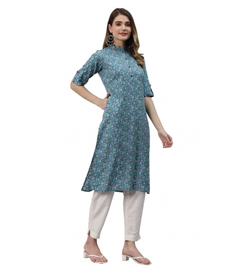 Generic Women's Cotton Printed Straight Kurti (Sea Green, Cotton)