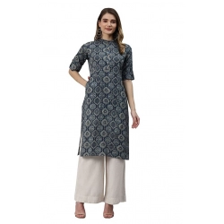 Generic Women's Cotton Printed Straight Kurti (Navy Blue, Cotton)