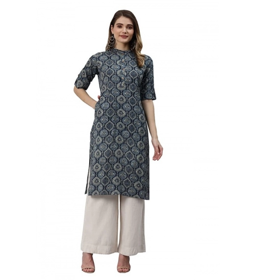 Generic Women's Cotton Printed Straight Kurti (Navy Blue, Cotton)