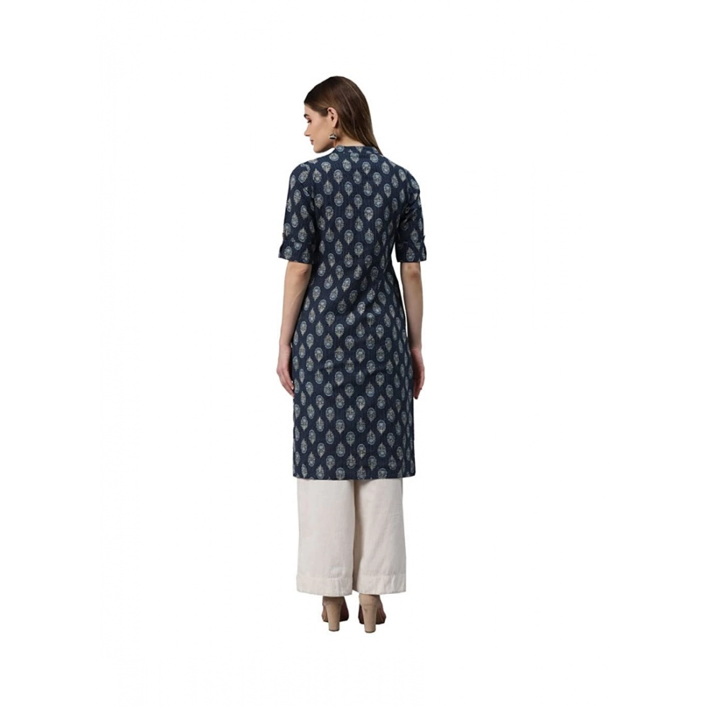 Generic Women's Cotton Printed Straight Fit Kurti (Navy Blue, Cotton)