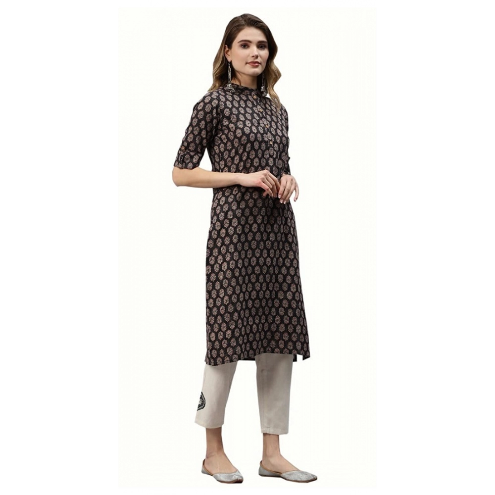 Generic Women's Cotton Printed Straight Fit Kurti (Black, Cotton)