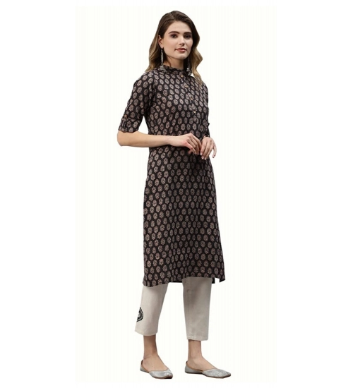 Generic Women's Cotton Printed Straight Fit Kurti (Black, Cotton)