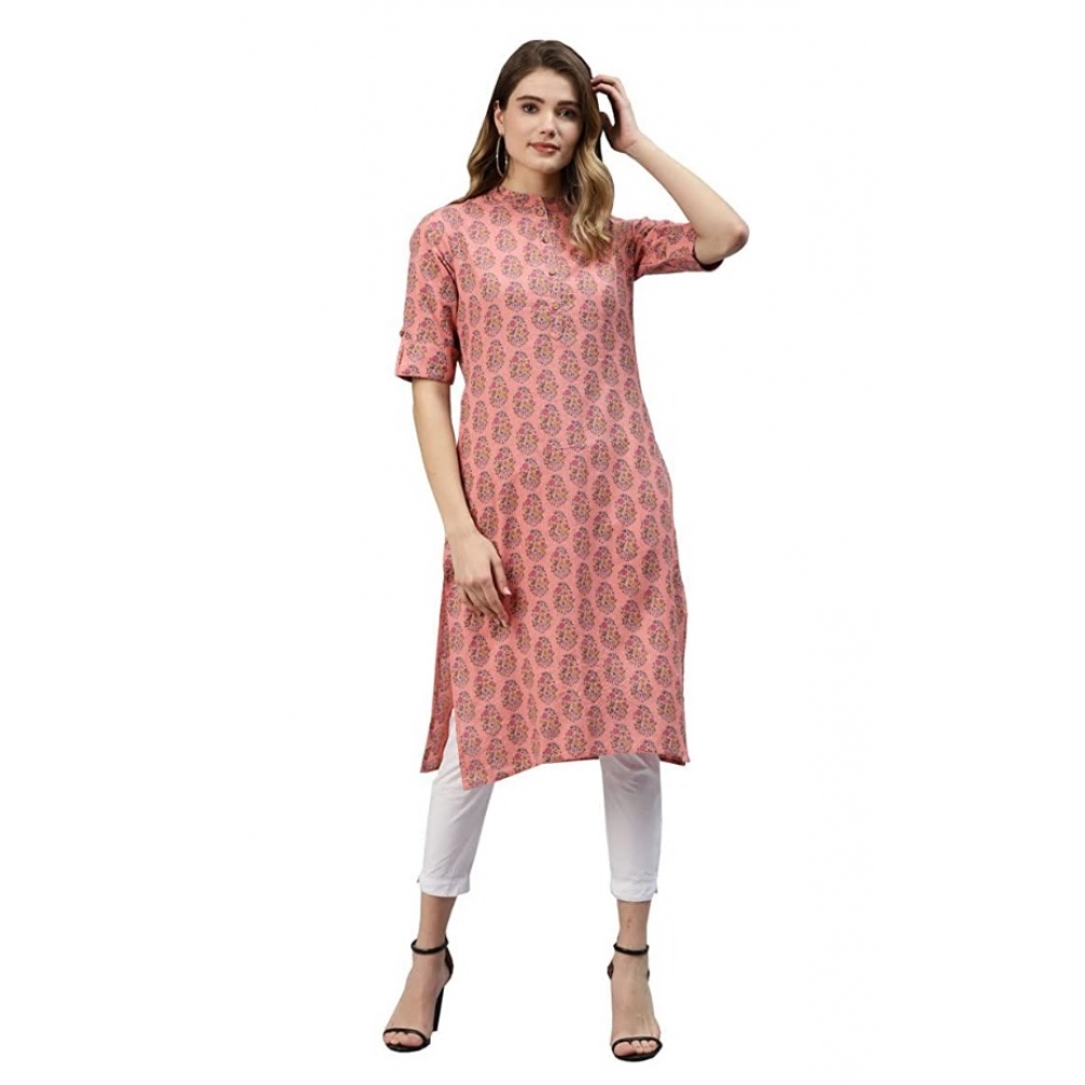 Generic Women's Cotton Printed Straight Fit Kurti (Pink, Cotton)