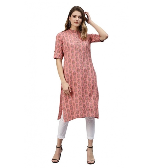 Generic Women's Cotton Printed Straight Fit Kurti (Pink, Cotton)