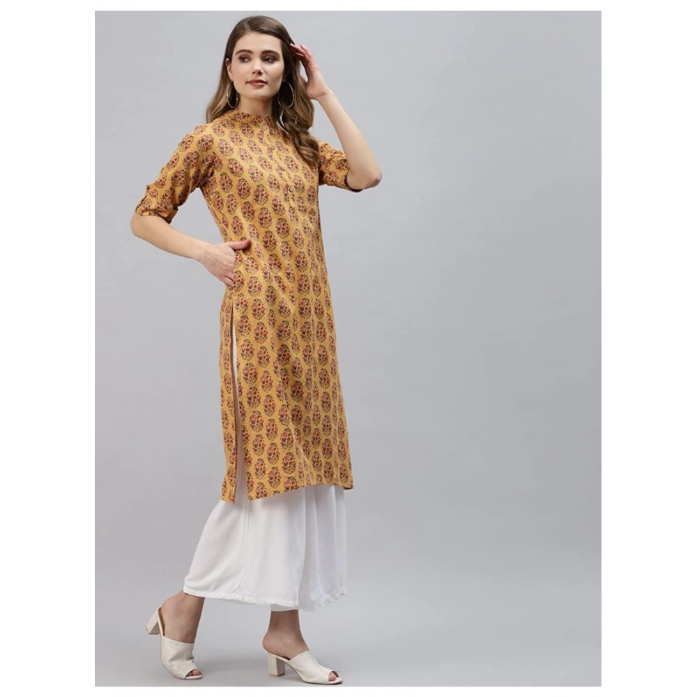 Generic Women's Pure Cotton Printed Straight Kurti (Mustard, Pure Cotton)