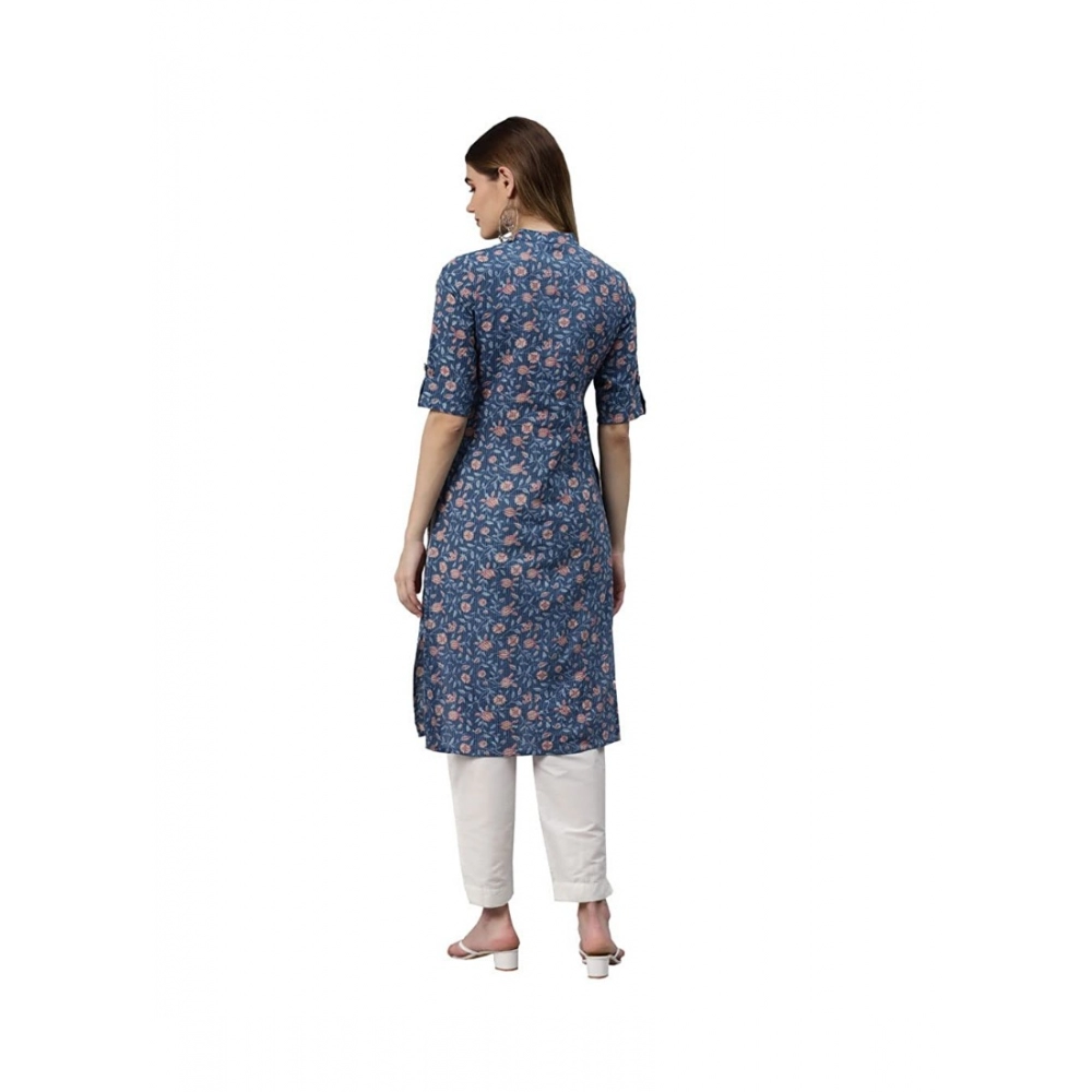 Generic Women's Cotton Printed Straight Kurti (Blue, Cotton)