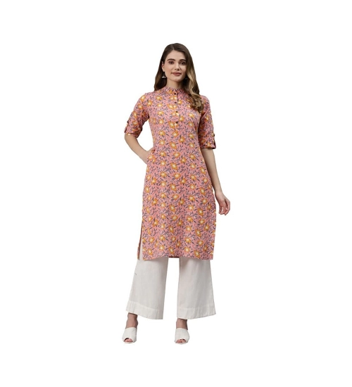 Generic Women's Cotton Printed Straight Kurti (Pink, Cotton)