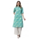 Generic Women's Pure Cotton Printed Straight Kurti (Green, Pure Cotton)