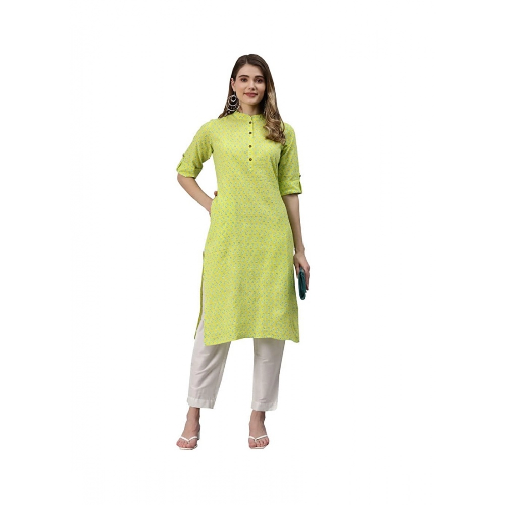 Generic Women's Cotton Printed Straight Kurti (Yellow, Green, Cotton)
