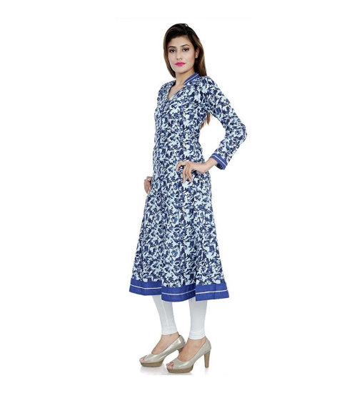 Generic Women's Cotton Printed Long Kurti (White, Blue, Cotton)