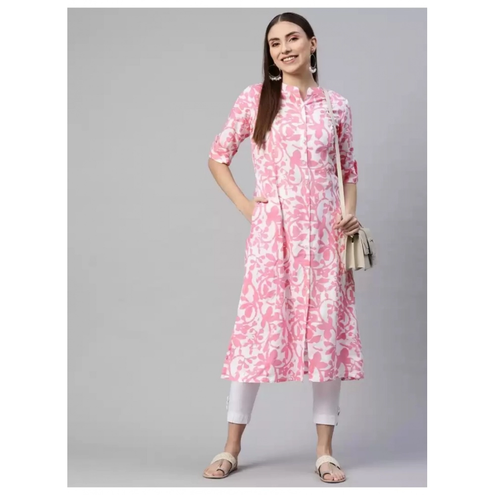 Generic Women's Cotton Printed A Line Kurti (White, Pink, Cotton)