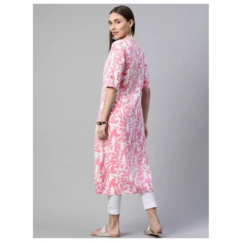 Generic Women's Cotton Printed A Line Kurti (White, Pink, Cotton)