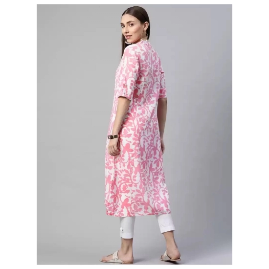 Generic Women's Cotton Printed A Line Kurti (White, Pink, Cotton)