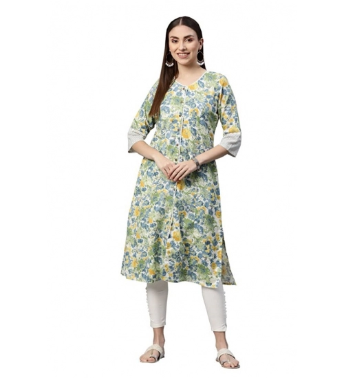 Generic Women's Cotton Printed  Straight Kurti (White, Green, Cotton)