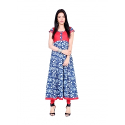 Generic Women's Cotton Printed Long Kurti (Blue, Red, Cotton)