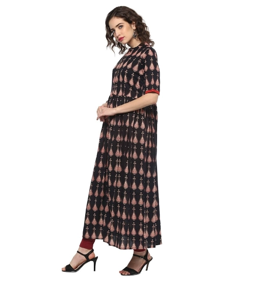 Generic Women's Cotton Printed Front Slit Kurti (Black, Cotton)