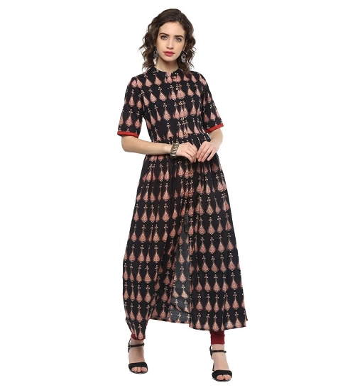 Generic Women's Cotton Printed Front Slit Kurti (Black, Cotton)
