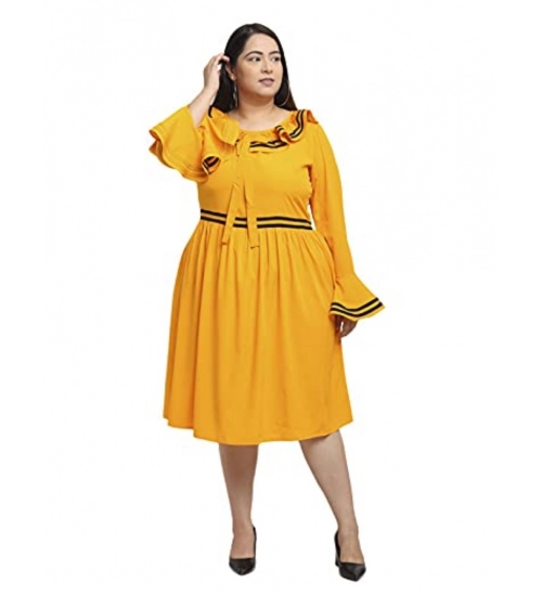 Generic Women's Crepe Solid Knee Length Fit and Flare Dress (Yellow)
