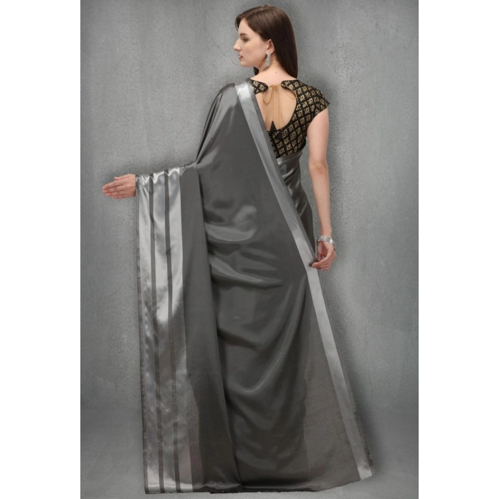 Generic Women's Satin Silk Saree with Blouse (Grey, 5-6 Mtrs)