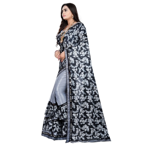 Women's Lycra Blend Saree with Blouse (Grey, 5-6 Mtrs)