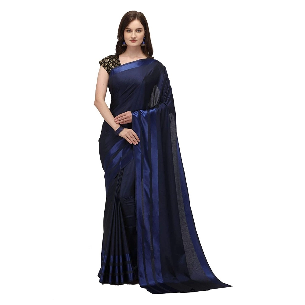 Generic Women's Satin Silk Saree with Blouse (Blue, 5-6 Mtrs)