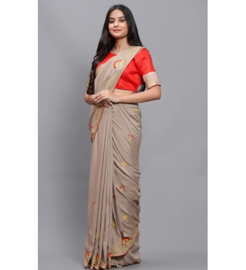 Generic Women's Vichitra Saree with Blouse (Chiku, 5-6 Mtrs)