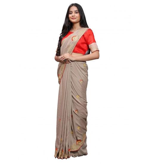 Generic Women's Vichitra Saree with Blouse (Chiku, 5-6 Mtrs)