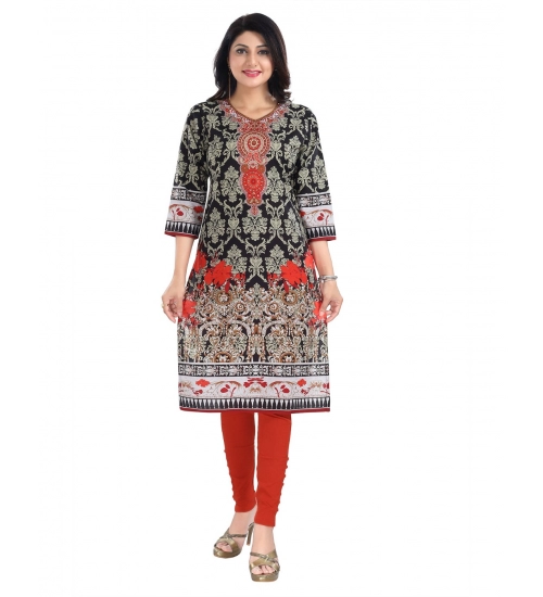 Generic Women's 3/4th Sleeve Cotton Blend Tunic Long Kurti (Black)