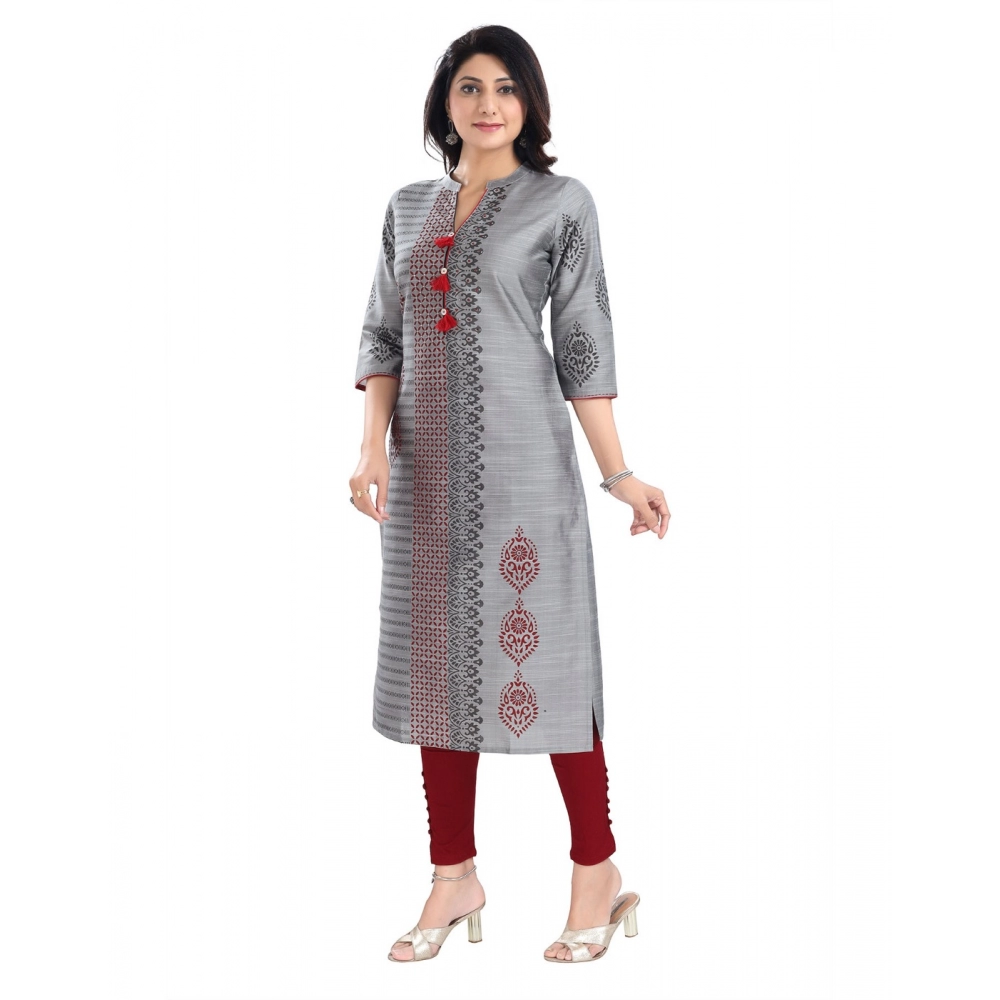 Generic Women's 3/4th Sleeve Silk Blend Tunic Long Kurti (Grey)