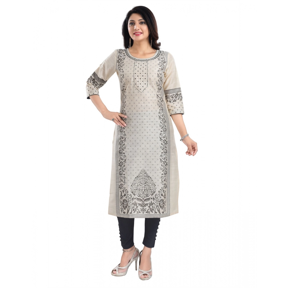 Generic Women's 3/4th Sleeve Silk Blend Tunic Long Kurti (Beige)
