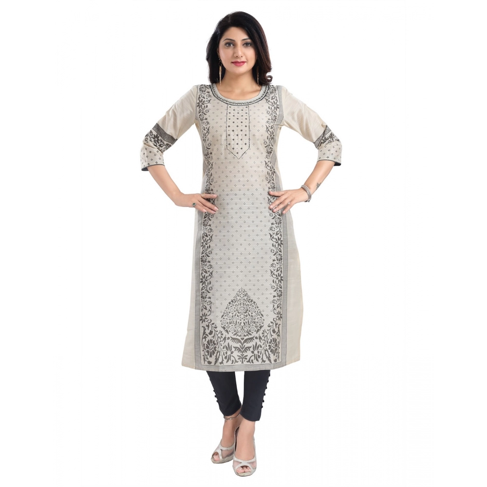 Generic Women's 3/4th Sleeve Silk Blend Tunic Long Kurti (Beige)
