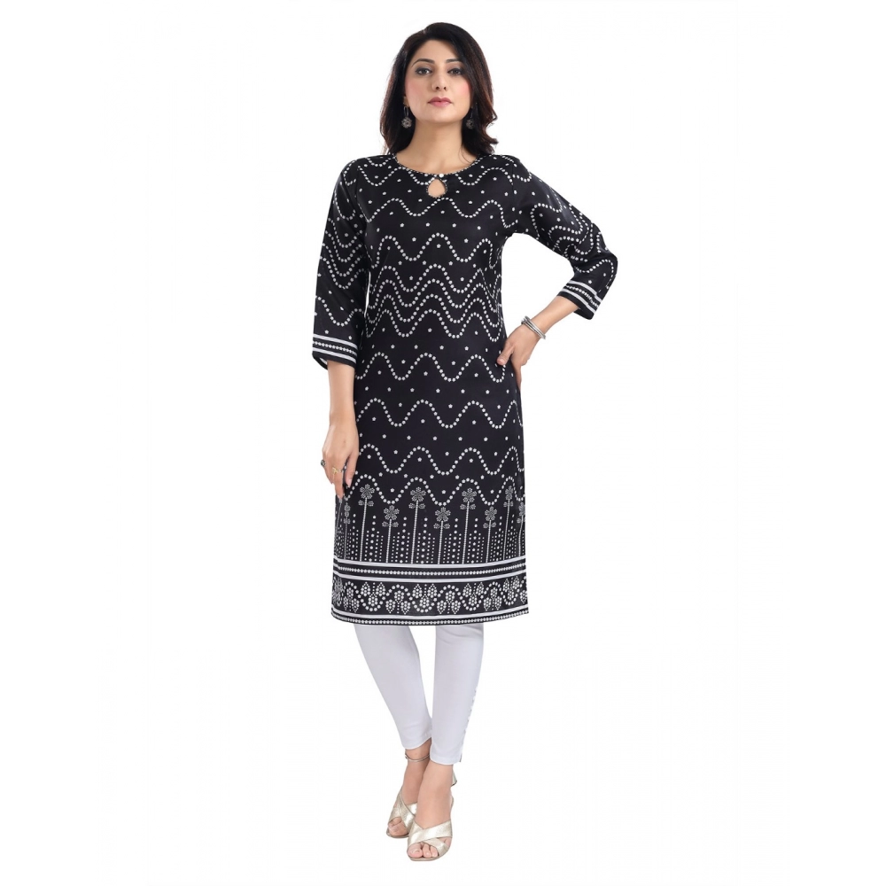 Generic Women's 3/4th Sleeve Cotton Blend Tunic Long Kurti (Black)