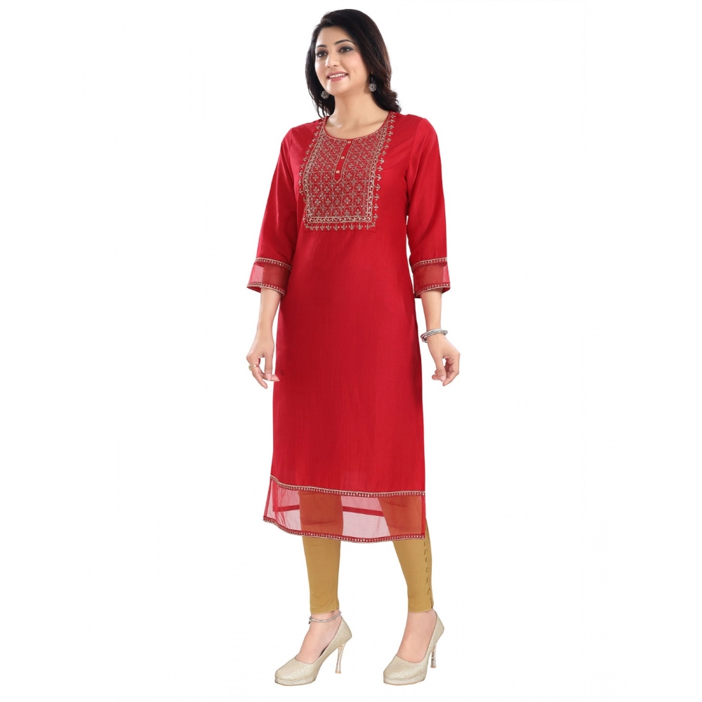 Generic Women's 3/4th Sleeve Silk Blend Tunic Long Kurti (Red)
