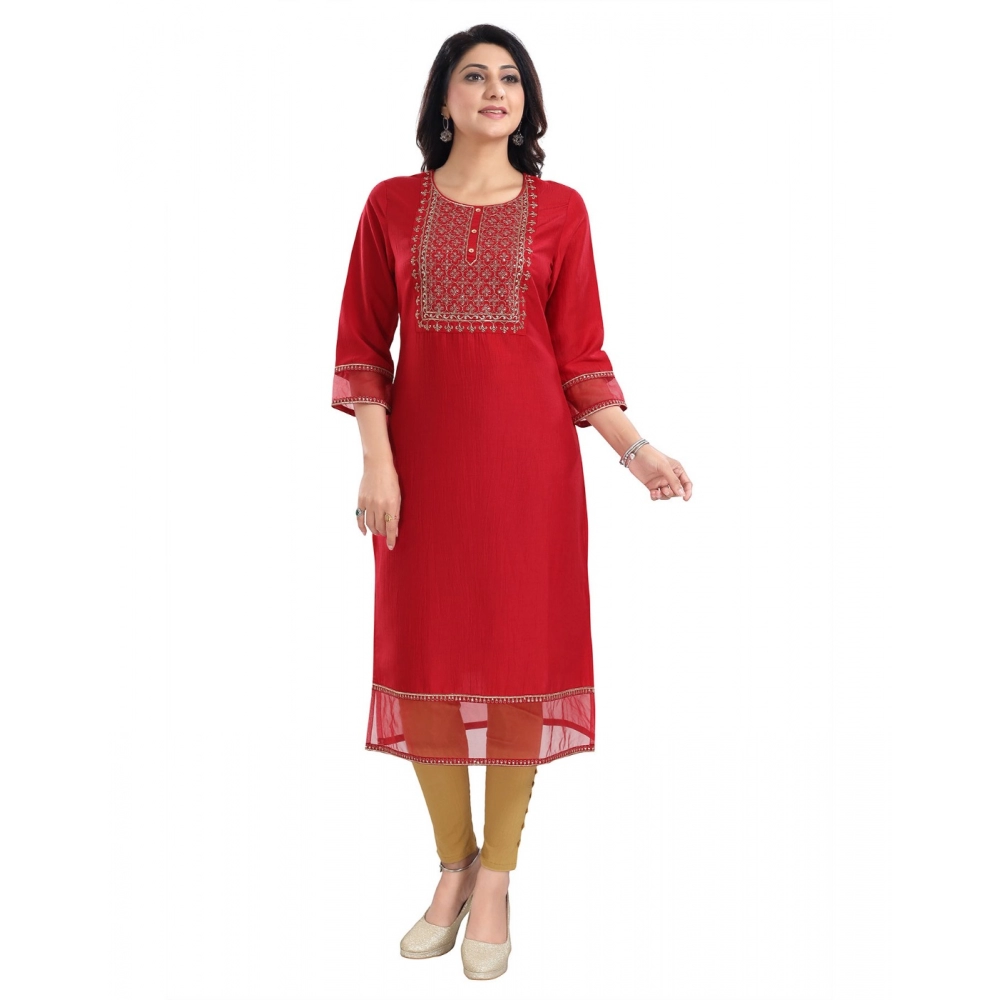 Generic Women's 3/4th Sleeve Silk Blend Tunic Long Kurti (Red)