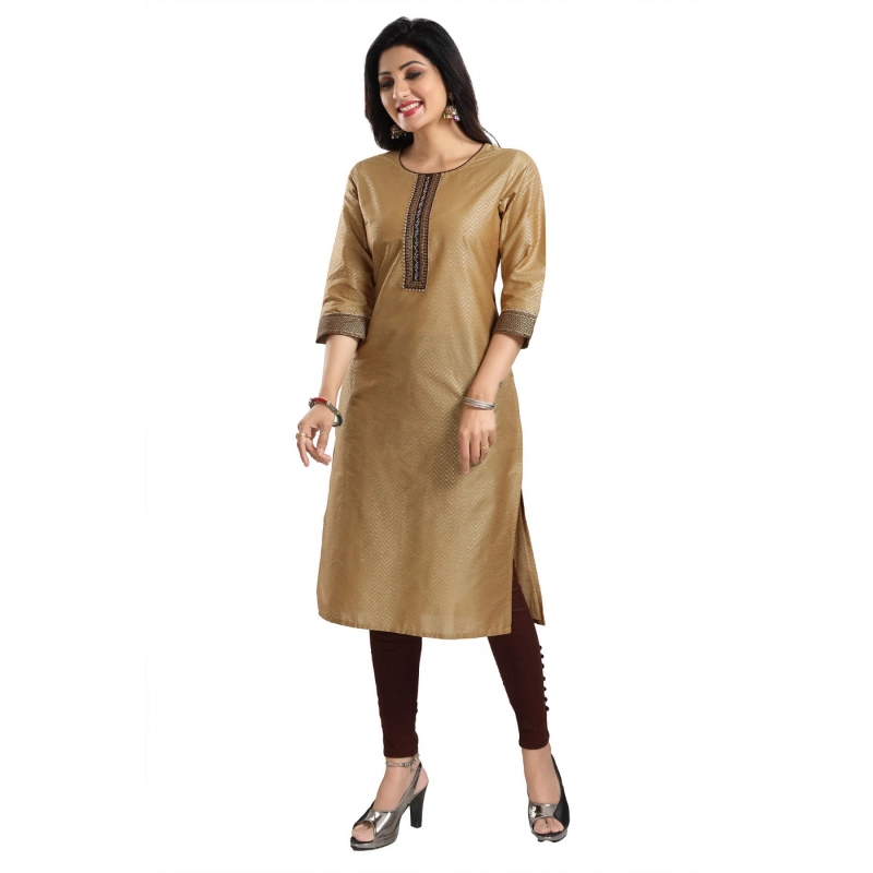 Women's 3/4th Sleeve Silk Blend Tunic Long Kurti (Beige) Women's 3/4th Sleeve Silk Blend Tunic Long Kurti (Beige)