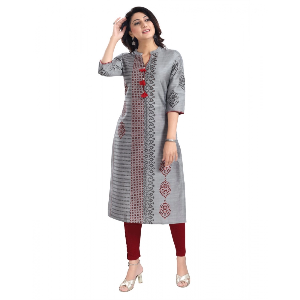 Generic Women's 3/4th Sleeve Silk Blend Tunic Long Kurti (Grey)