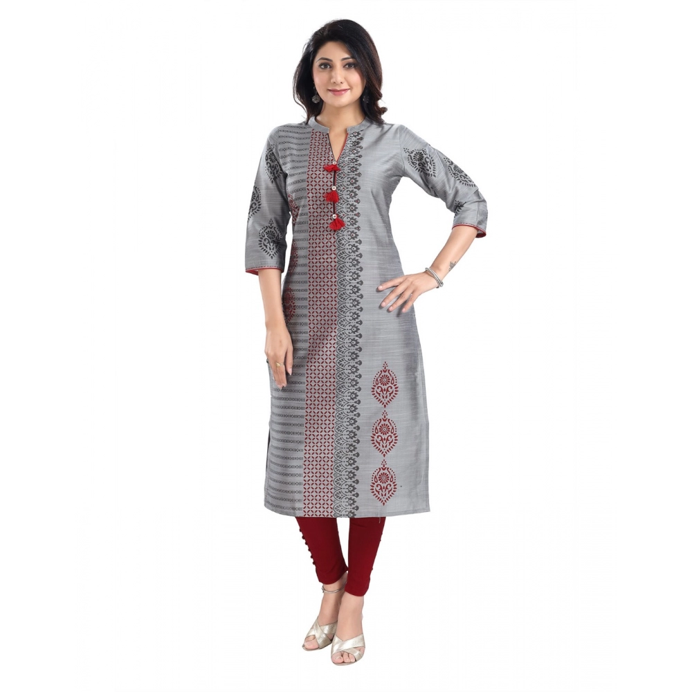 Generic Women's 3/4th Sleeve Silk Blend Tunic Long Kurti (Grey)