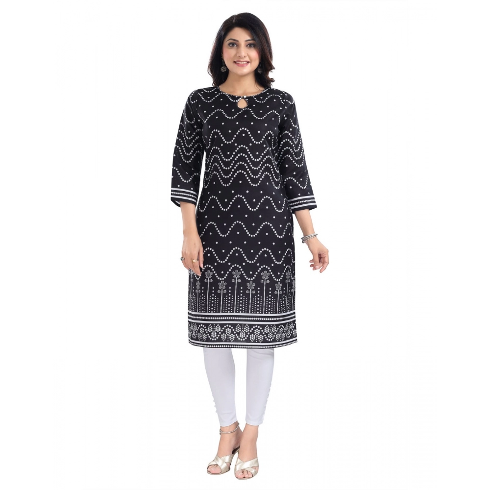 Generic Women's 3/4th Sleeve Cotton Blend Tunic Long Kurti (Black)